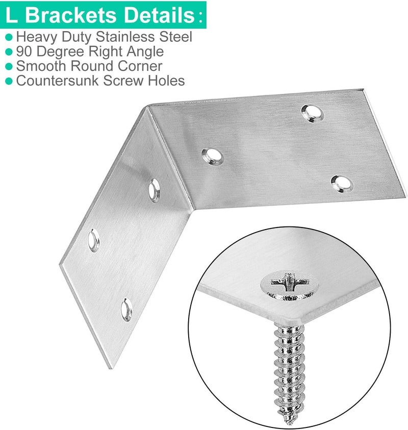AKOLAFE 10PCS Stainless Steel L Bracket, 3.3â€x 1.9â€ Heavy Duty Wide Corner Brace, 90 Degree Angle Brackets, L Shelf Brackets Corner Bracket for Wood Furniture Bookshelf Board Window Cabinet - Image 3